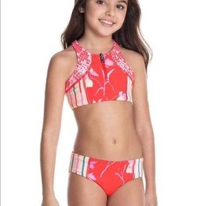 Maaji Girls Pretty Python Red Floral bikini zip front high neck sz 10